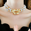 Brass Knot Plastic Imitation Keshi Pearl Nuggets Beaded 2-Strand Choker Necklaces for Women FS-WG8CEF6-01-4