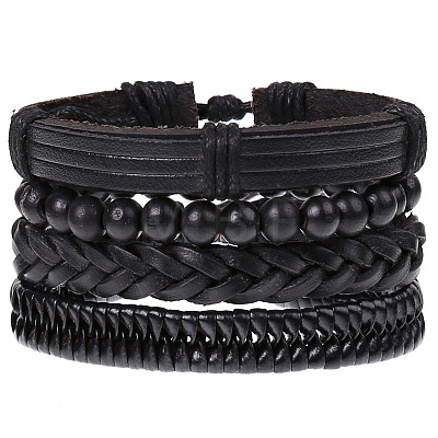 4Pcs Retro Cattlehide Leather Cord Multi-strand Bracelets for Men WGE7990-03-1