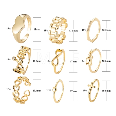 9Pcs 9 Style Brass Cuff Rings RJEW-LS0001-11G-1