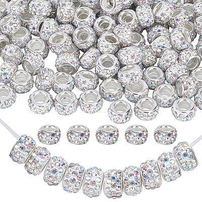 Handmade Polymer Clay Rhinestone European Large Hole Beads with Silver Color Plated Brass Cores FPDL-PA0001-02B-1