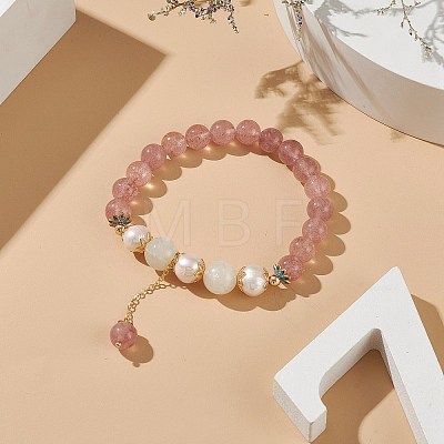 Natural Strawberry Quartz & White Moonstone & Pearl Beaded Stretch Bracelet with Tassel Charms for Women BJEW-JB09009-01-1