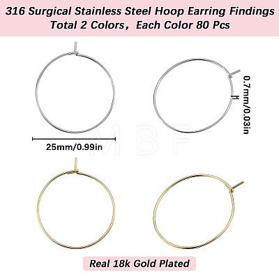 SUNNYCLUE 160Pcs 2 Colors 316 Surgical Stainless Steel Hoop Earring Findings STAS-SC0007-21-1