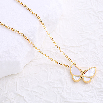 Stainless Steel Pave Natural White Shell Butterfly Pendant Necklaces for Women YH3028-2-1