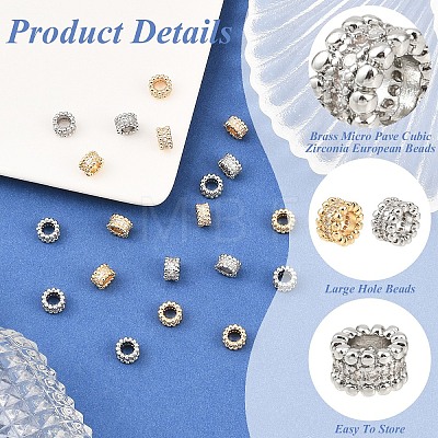 10Pcs 2 Colors Brass Micro Pave Cubic Zirconia European Beads KK-YW0004-30-1