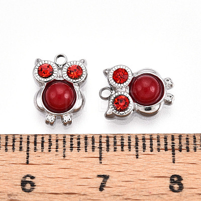 304 Stainless Steel Pave Natural Red Jasper and Ruby Rhinestone Owl Charms STAS-T064-66P-1