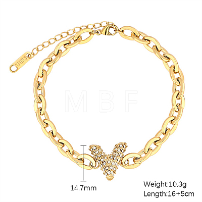 Initial Letter V Cubic Zirconia Link Bracelet with Stainless Steel Oval Link Chains YU4495-1-1