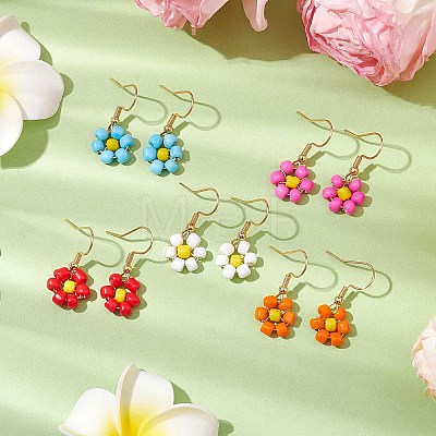 Glass Seed Flower Dangle Earrings EJEW-JE06152-1