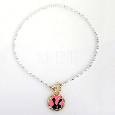 Easter Alloy Enamel Flat Round with Rabbit Pendant White Round Imitation Pearl Beaded OT Necklaces FS-WG9ECA9-01-1