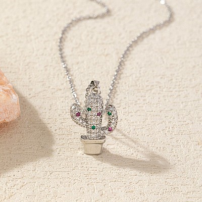 Cinco de Mayo Brass Micro Pave Cubic Zirconia Cactus Pendant Necklaces FS-WG8A002-05-1