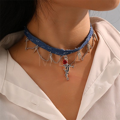 Alloy Pendant Denim Cloth Choker Necklaces for Women WGC1028-03-1