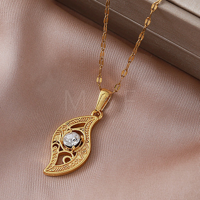 Vintage 304 Stainless Steel Glass Hollow Leaf Pendant Necklaces for Women Men MX3946-1