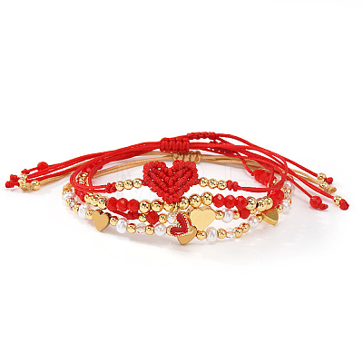 4Pcs 4 Styles Adjustable Glass & Brass Beads Braided Bead Bracelets & Brass Enamel Charm Bracelets for Women SG0180-1-1