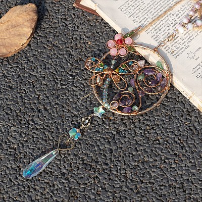 Wire Wrapped Natural Gemstone Beads & Metal Dragonfly Hanging Ornaments PW-WG454D0-01-1