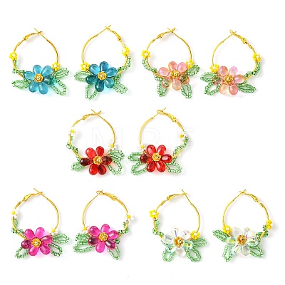 Woven Glass Flower Huggie Hoop Earring EJEW-MZ00235-1