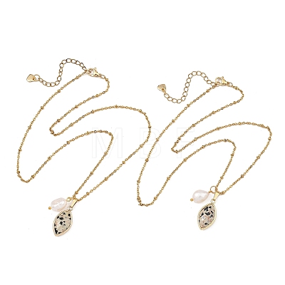 Rice Natural Pearl & Natural Dalmatian Jasper Faceted Horse Eye Pendant 304 Stainless Steel Satellite Chain Necklaces for Women NJEW-JN06261-02-1