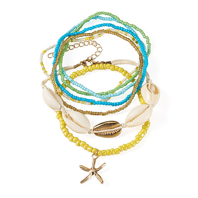 2 Bags Summer Beach Glass Seed Beaded & Natural Shell & Alloy Starfish Charm Anklet Sets AJEW-TA0003-69B-1