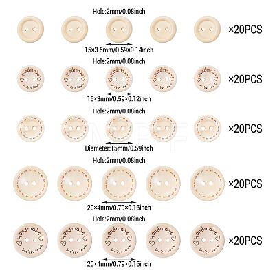 100Pcs 5 Colors 2-Holes Wood Buttons BUTT-TA0001-52-1