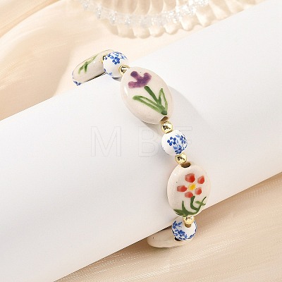 Handmade Printed Porcelain Floral Oval Beaded Stretch Bracelets BJEW-JB14181-1