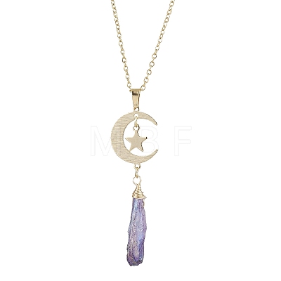 Electroplated Natural Quartz Crystal with Moon and Star Pendant Necklaces NJEW-JN04686-1