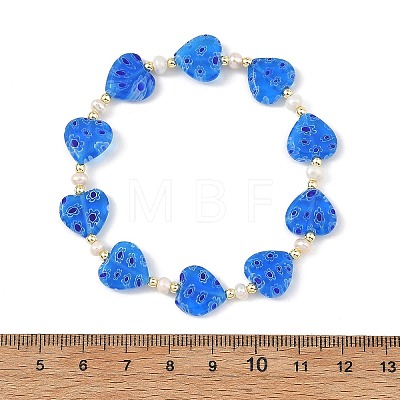 Handmade Millefiori Lampwork Heart & Natural Pearl Beaded Stretch Bracelets BJEW-JB14294-01-1