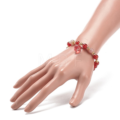Natural Carnelian(Dyed & Heated) & Strawberry Quartz Beaded Stretch Bracelet with Glass Strawberry Charms for Women BJEW-JB09026-1