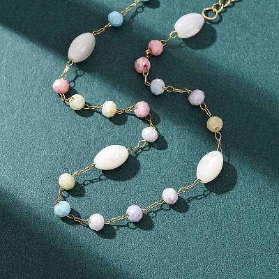 Glass Round Beads & Natural Shell Barrel Beads Link Bracelets BJEW-G774-03G-1