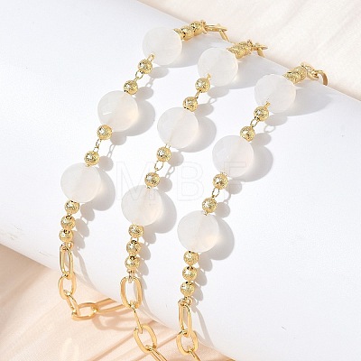 Natural White Agate Faceted Flat Round Beaded Brass Paperclip Chain Bracelets GG-CBA37F5-02G-03-1
