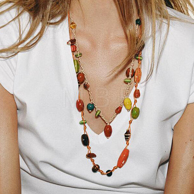 Handmade Porcelain Barrel Beads Jute Cord Double Layer Necklaces for Women WGBAB4D-01-1