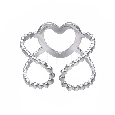 304 Stainless Steel Heart Open Cuff Ring RJEW-T023-19P-1