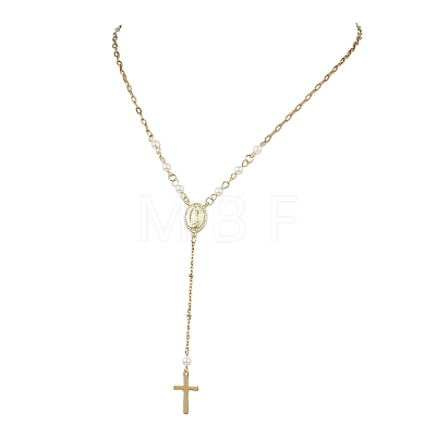 304 Stainless Steel Paperclip Chain and Shell Pearl Rosary Bead Necklaces NJEW-JN06248-1