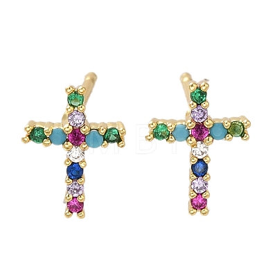 Rack Plating Cross Brass Micro Pave Cubic Zirconia Stud Earrings EJEW-H143-19G-1