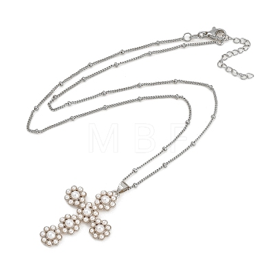 Brass & Imitation Pearl Cross Pendant Satellite Chain Necklaces NJEW-U015-09P-1