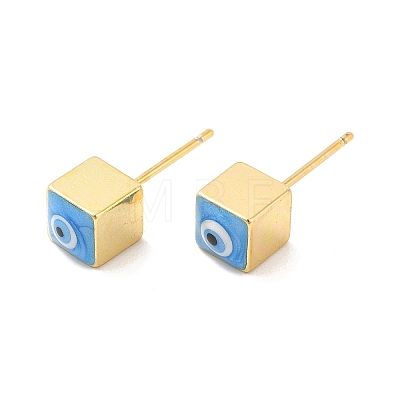 Long-Lasting Plated Cube with Enamel Evil Eye Stud Earring EJEW-E272-01G-1