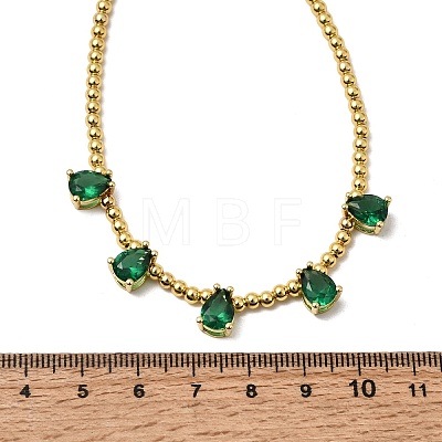 Brass Pave Cubic Zirconia Teardrop Pendant Round Beaded Necklaces NJEW-C121-01G-04-1