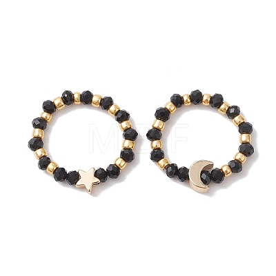 Glass Stretch Rings with Golden Plated Star & Moon Brass Beads RJEW-JR00660-03-1