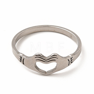 304 Stainless Steel Hollow Out Heart Hand Finger Ring for Women RJEW-K239-03P-1