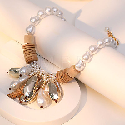Imitation Pearl and CCB Plastic Teeardrop Pendant Natural Coconut & Wood Beaded Necklaces FS-WG9E1F5-01-1
