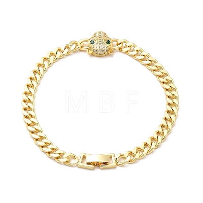 Green Cubic Zirconia Leopard Link Bracelet with Brass Curb Chains for Men Women KK-H434-11G-1