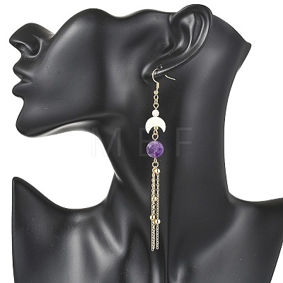 Natural Amethyst Round with Moon Dangle Earrings EJEW-JE06813-02-1