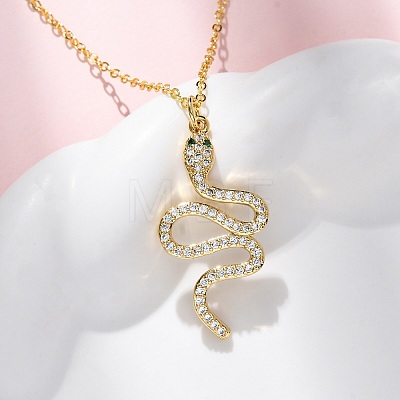 Brass Micro Pave Clear Cubic Zirconia Snake Pendant Necklaces NJEW-S438-02F-G-1