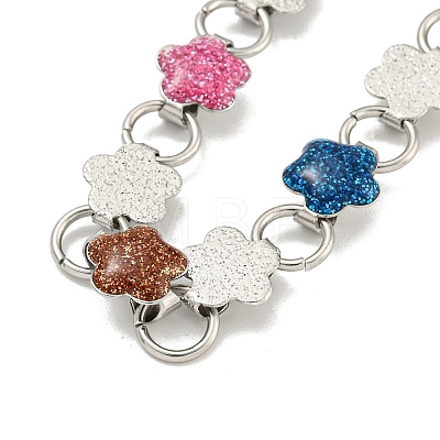 304 Stainless Steel Enamel Flower Link Chain Necklaces with Glitter Powder NJEW-S431-05P-01-1