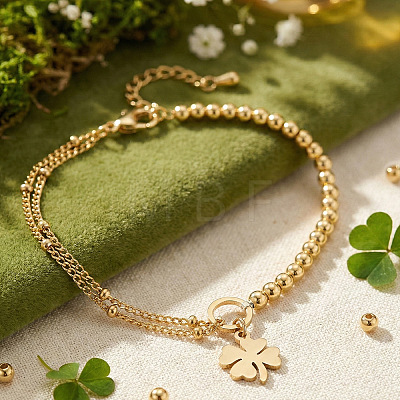 Four Leaf Clover 304 Stainless Steel Charm Bracelets LS-UY0745-1-1