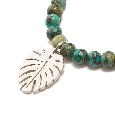 Natural Australian Turquoise(Jasper) Round Beaded Stretch Bracelet with Leaf Charm BJEW-JB07587-02-1