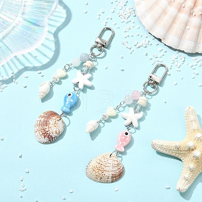 Handmade Porcelain & Natural White Jade & Natural Shell & Glass Pendant Decorations HJEW-YW00516-01-1