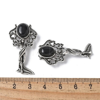 Angel Brass Natural Black Agate Pendants KK-D361-02AS-32-1