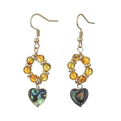 Heart Natural Amber & Abalone Shell/Paua Shell Dangle Earrings EJEW-JE07358-02-1