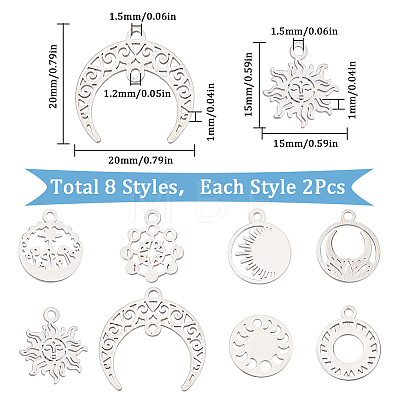 SUNNYCLUE 16Pcs 8 Style 304 Stainless Steel Charms STAS-SC0008-36-1-1