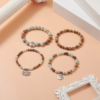 Natural Flower Amazonite & Picture Jasper Beaded Stretch Bracelets Sets with Non-Magnetic Synthetic Hematite BJEW-JB09281-1