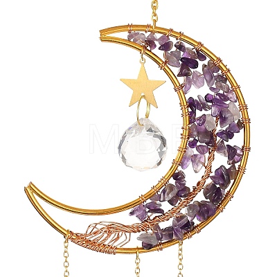 Natural Amethyst Chip & Brass Moon Hanging Suncatcher Pendant Decoration PW23041121729-1
