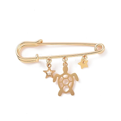 Stainless Steel Tortoise & Star Charms Safety Pin Brooch JEWB-BR00082-1